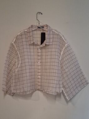 Sheer Cropped 5X Lightweight White Grid Button-Up Shirt Oversized Top Modern